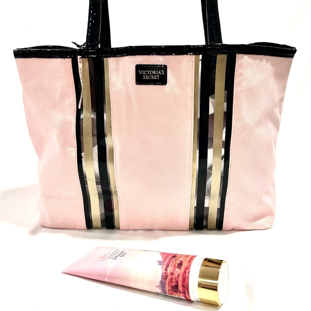 VICTORIAS SECRET Multi Stripe Pink Tote W/ Full Size Desert Sky Fragrance Lotion